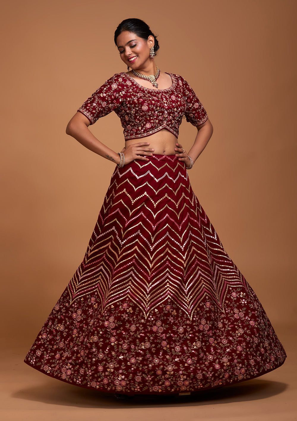 Maroon Threadwork Georgette Lehenga-Koskii