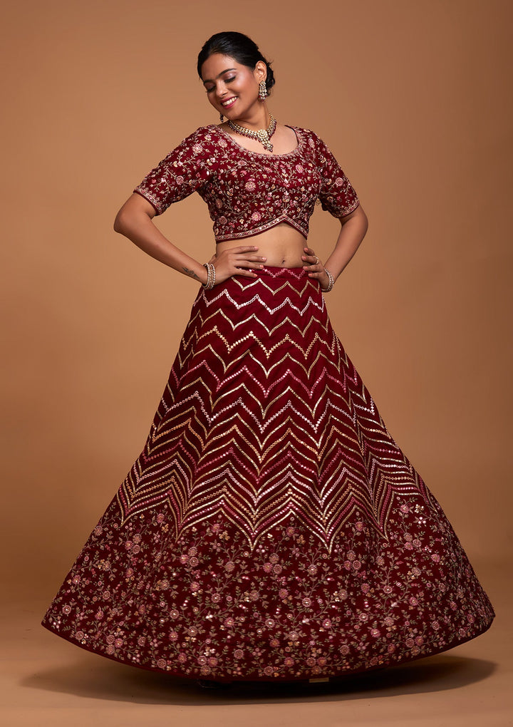 Maroon Threadwork Georgette Lehenga-Koskii