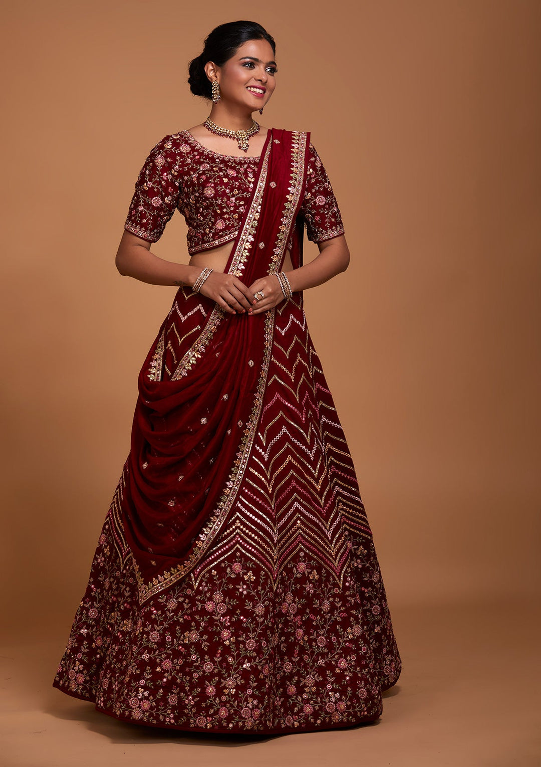 Maroon Threadwork Georgette Lehenga-Koskii