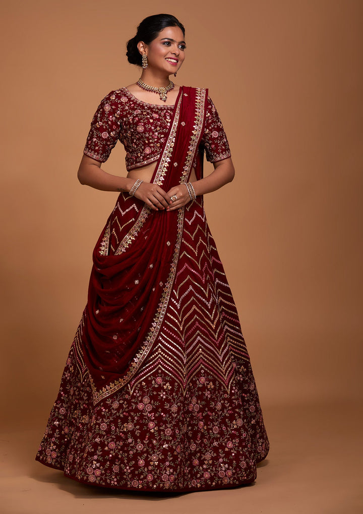 Maroon Threadwork Georgette Lehenga-Koskii