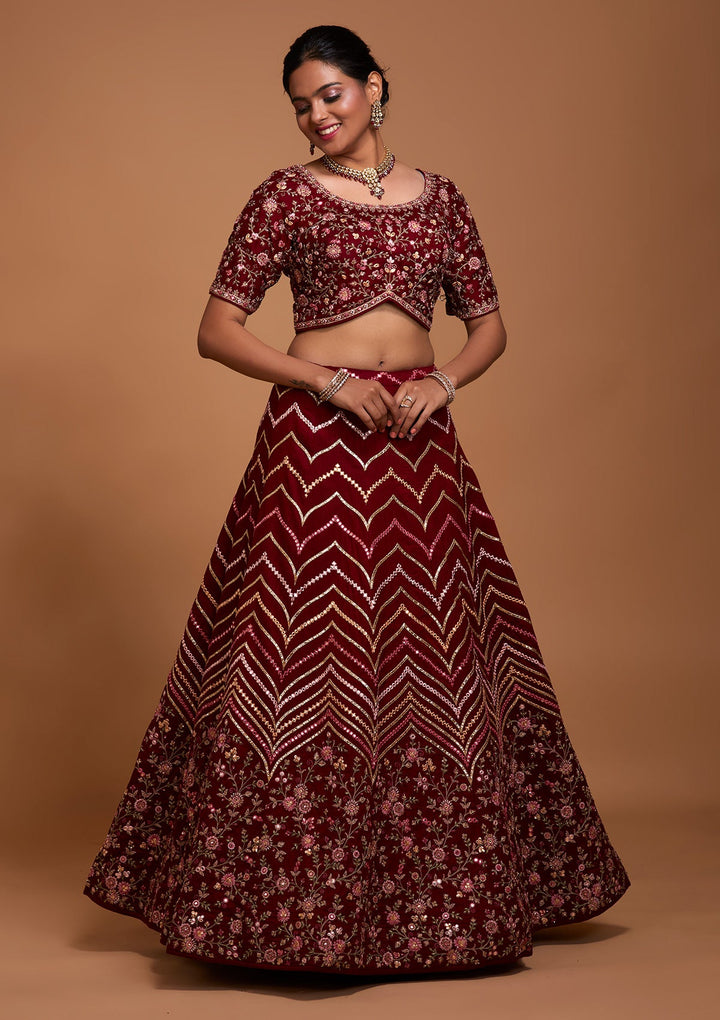 Maroon Threadwork Georgette Lehenga-Koskii