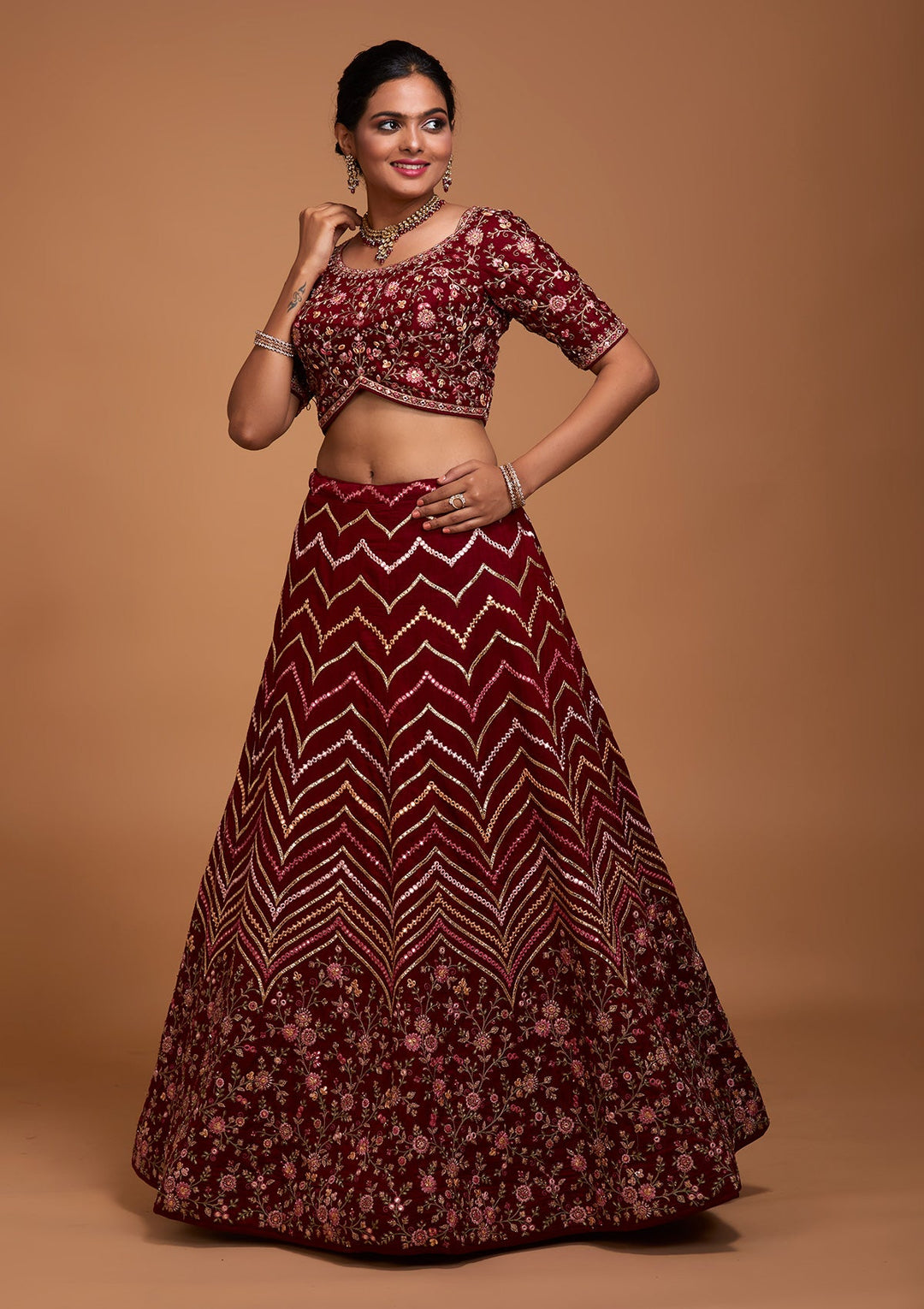 Maroon Threadwork Georgette Lehenga-Koskii