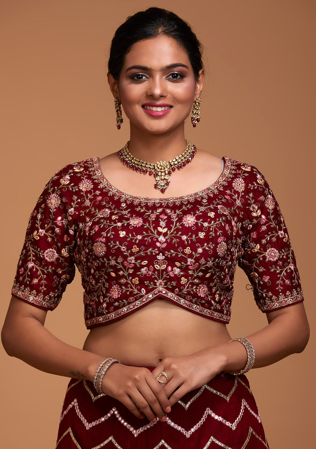 Maroon Threadwork Georgette Lehenga-Koskii