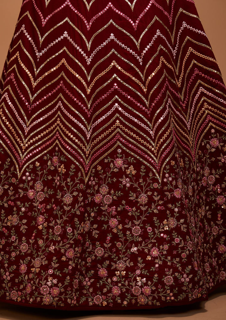 Maroon Threadwork Georgette Lehenga-Koskii