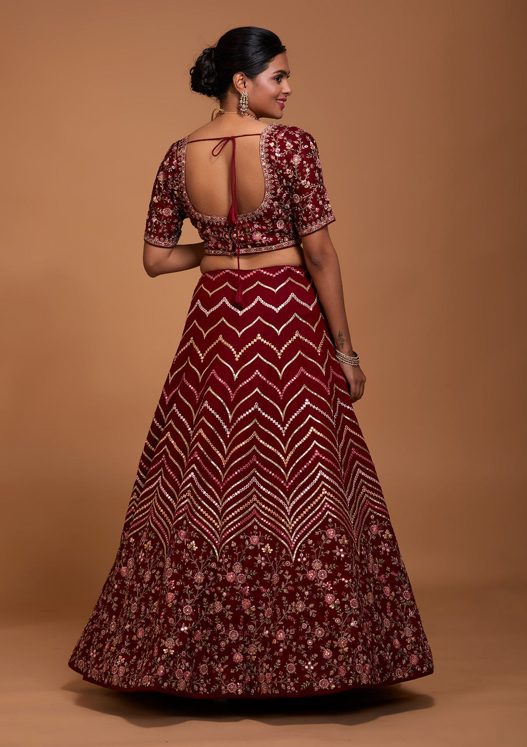 Maroon Threadwork Georgette Lehenga-Koskii
