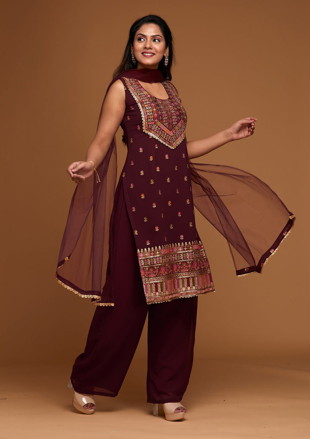 Maroon Threadwork Georgette Designer Salwar Suit - Koskii