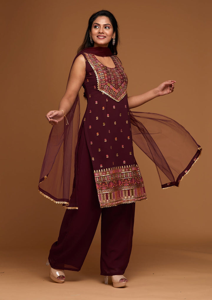 Maroon Threadwork Georgette Designer Salwar Suit - Koskii