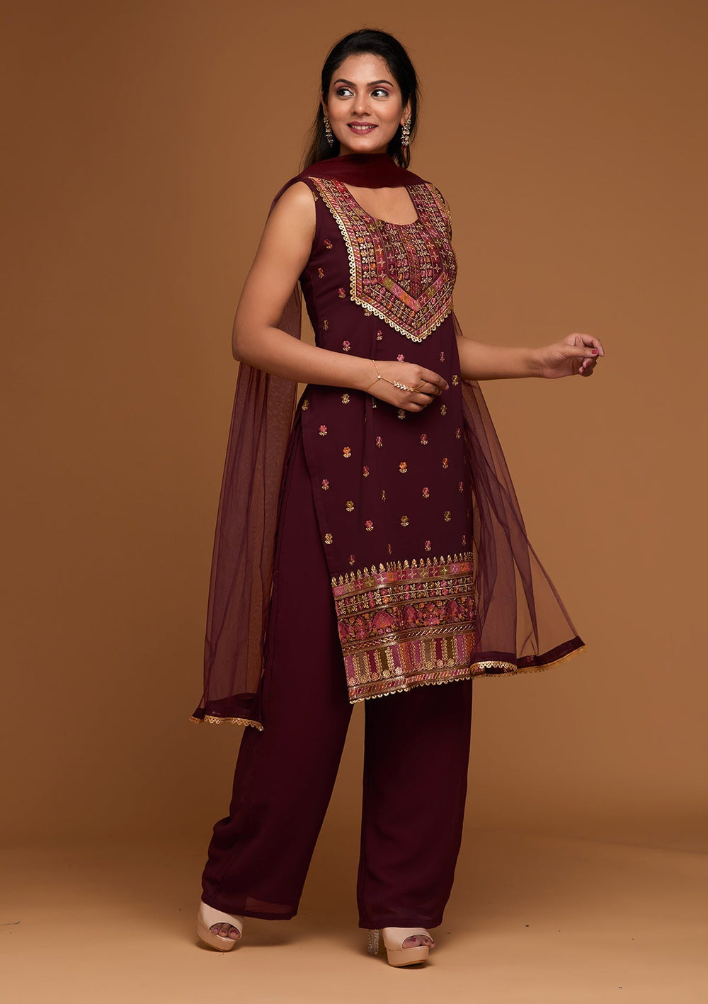 Maroon Threadwork Georgette Designer Salwar Suit - Koskii