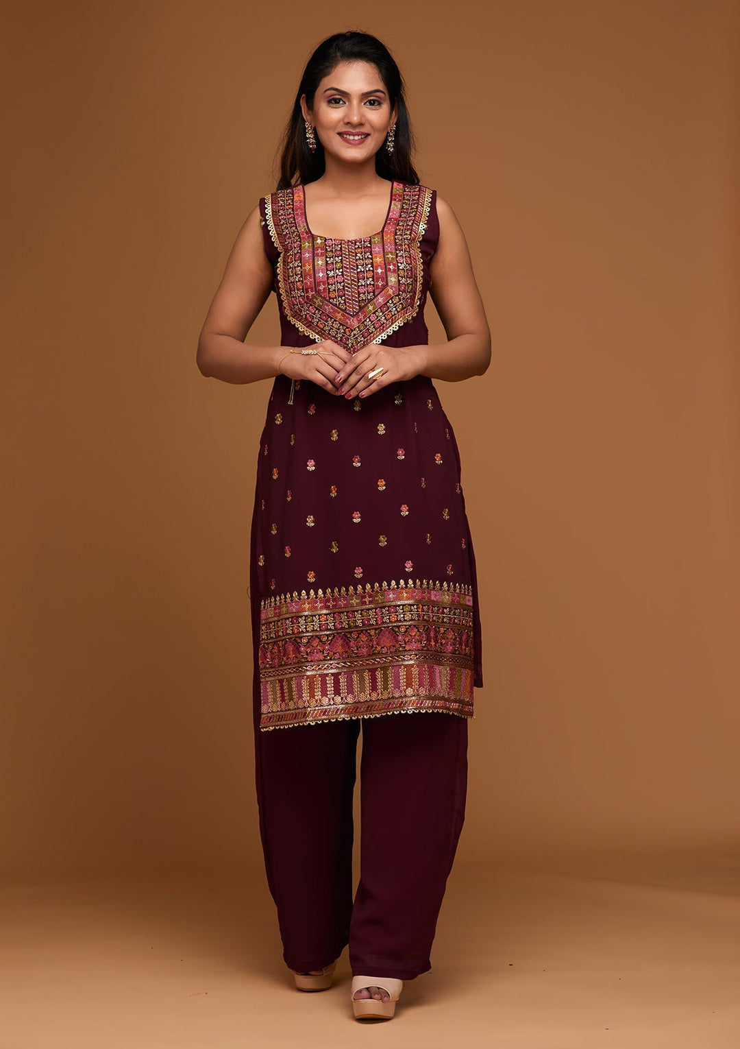 Maroon Threadwork Georgette Designer Salwar Suit - Koskii