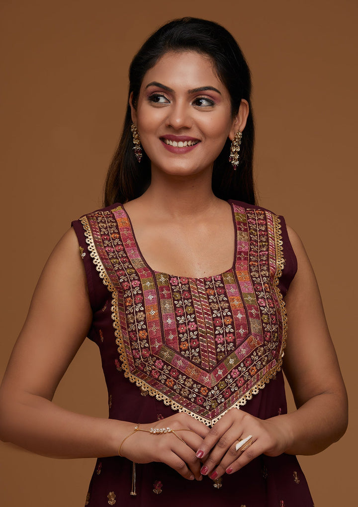 Maroon Threadwork Georgette Designer Salwar Suit - Koskii
