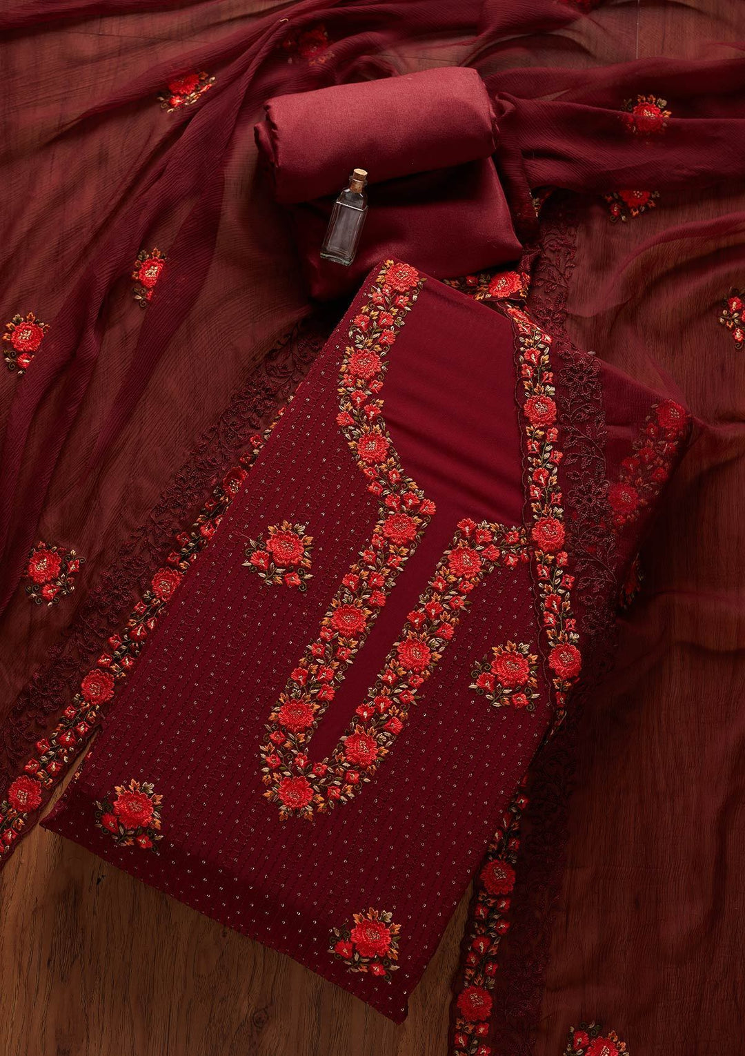 Maroon Threadwork Georgette Designer Unstitched Salwar Suit - koskii