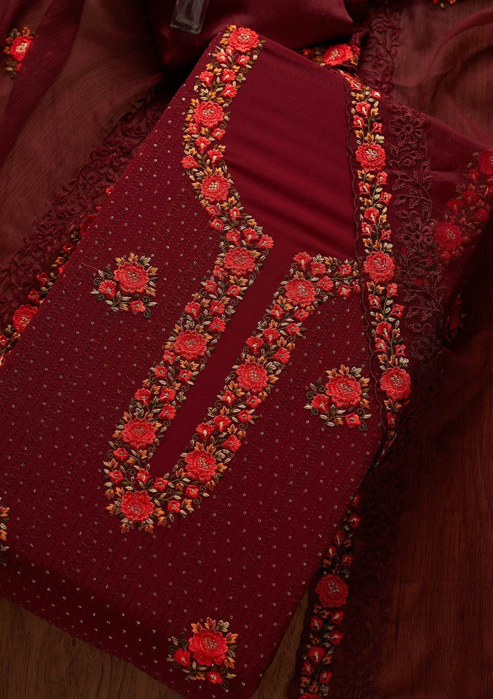 Maroon Threadwork Georgette Designer Unstitched Salwar Suit - koskii