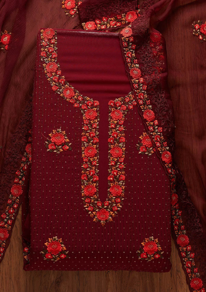 Maroon Threadwork Georgette Designer Unstitched Salwar Suit - koskii
