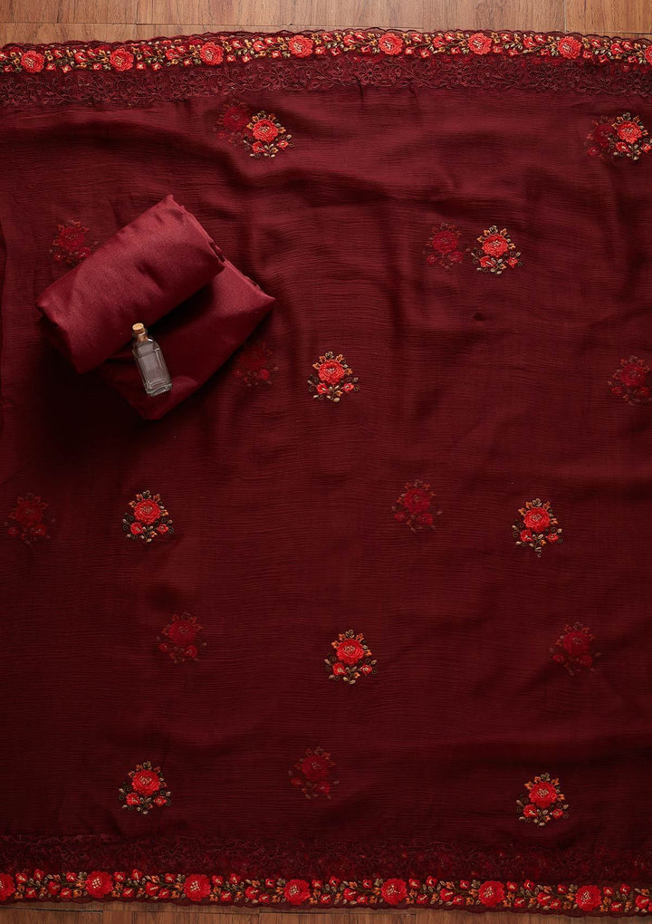 Maroon Threadwork Georgette Designer Unstitched Salwar Suit - koskii