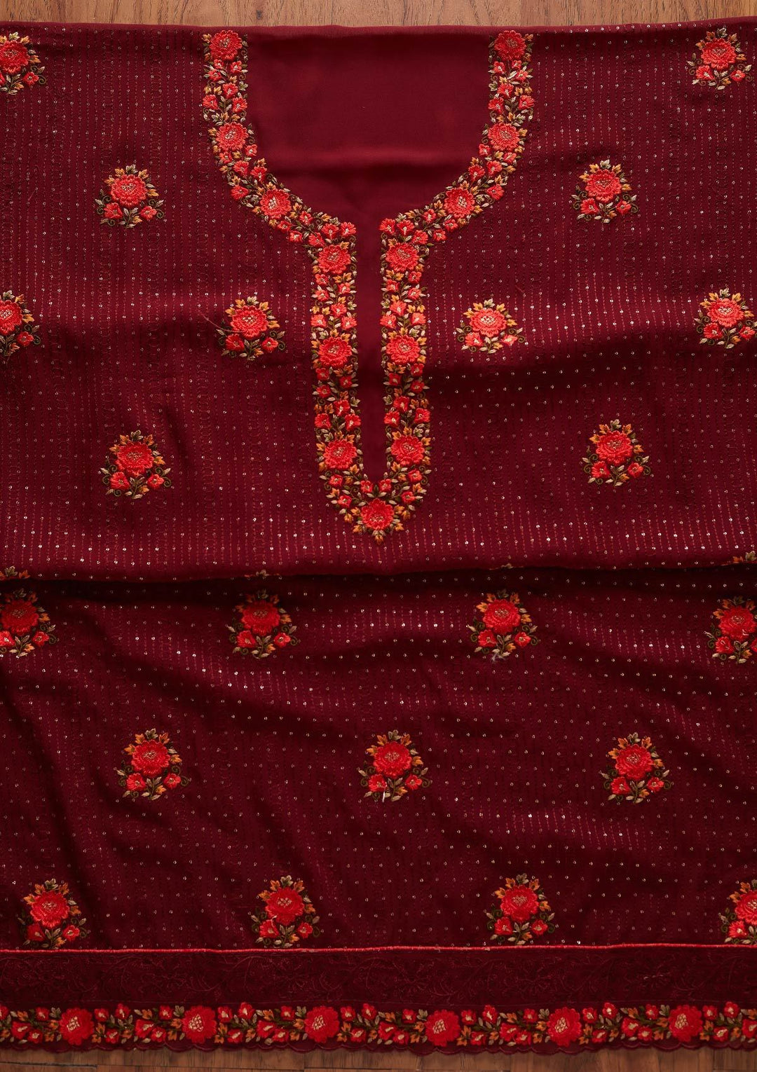 Maroon Threadwork Georgette Designer Unstitched Salwar Suit - koskii