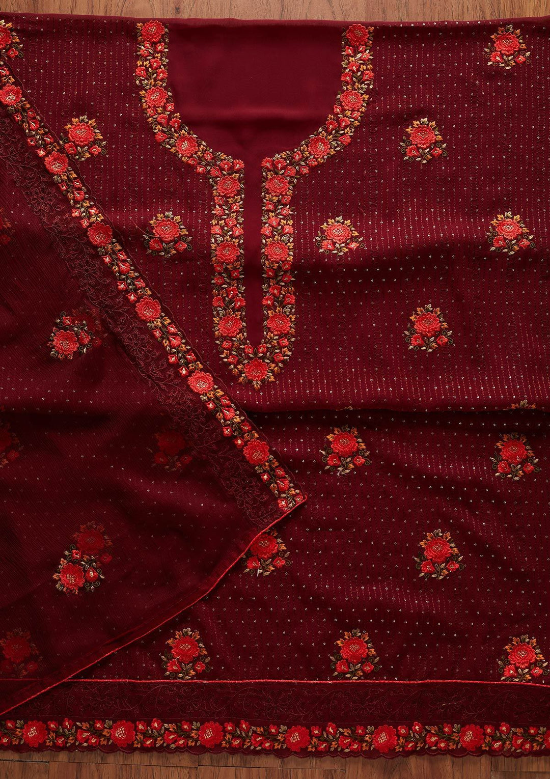 Maroon Threadwork Georgette Designer Unstitched Salwar Suit - koskii