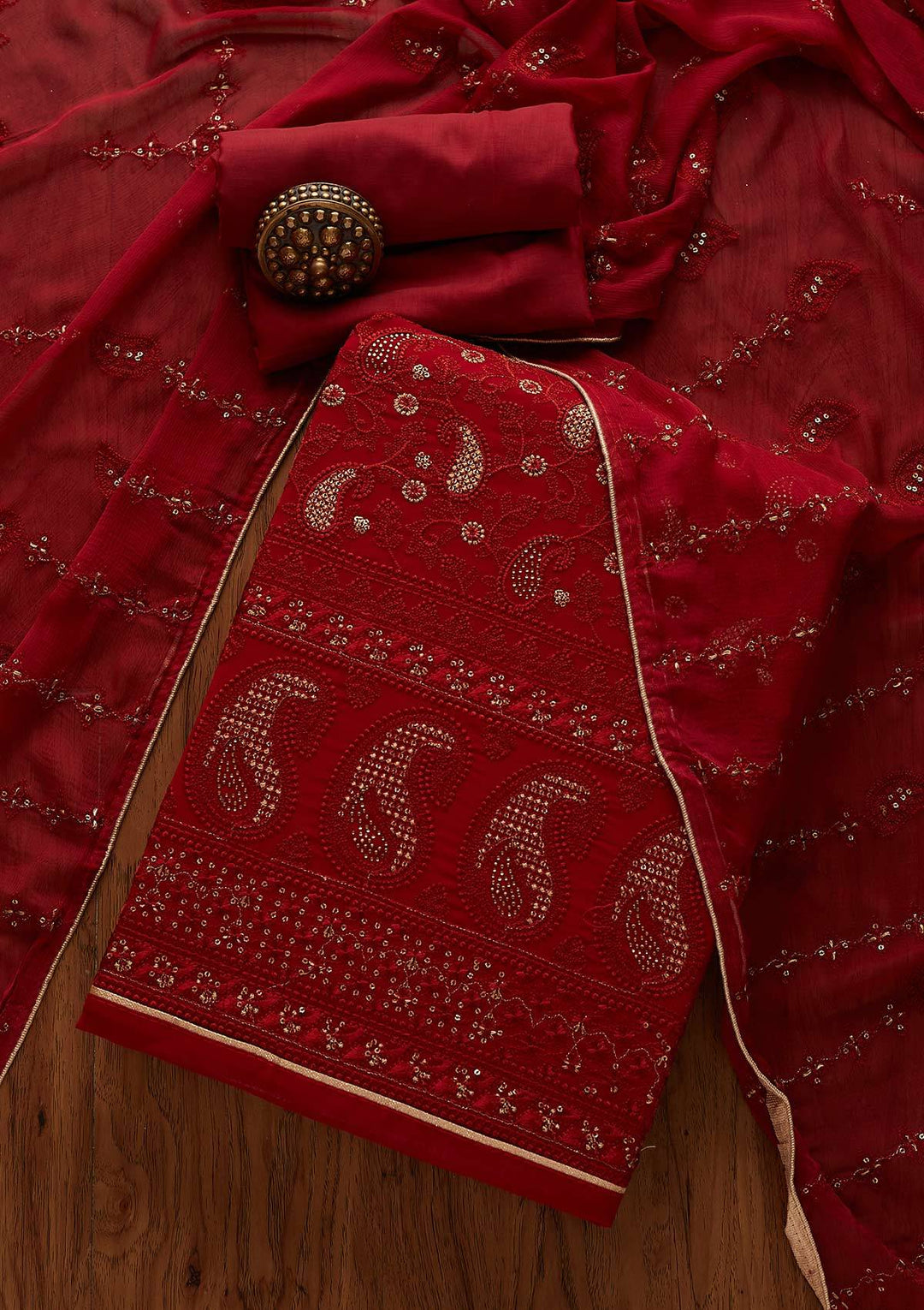 Maroon Threadwork Georgette Designer Unstitched Salwar Suit - Koskii