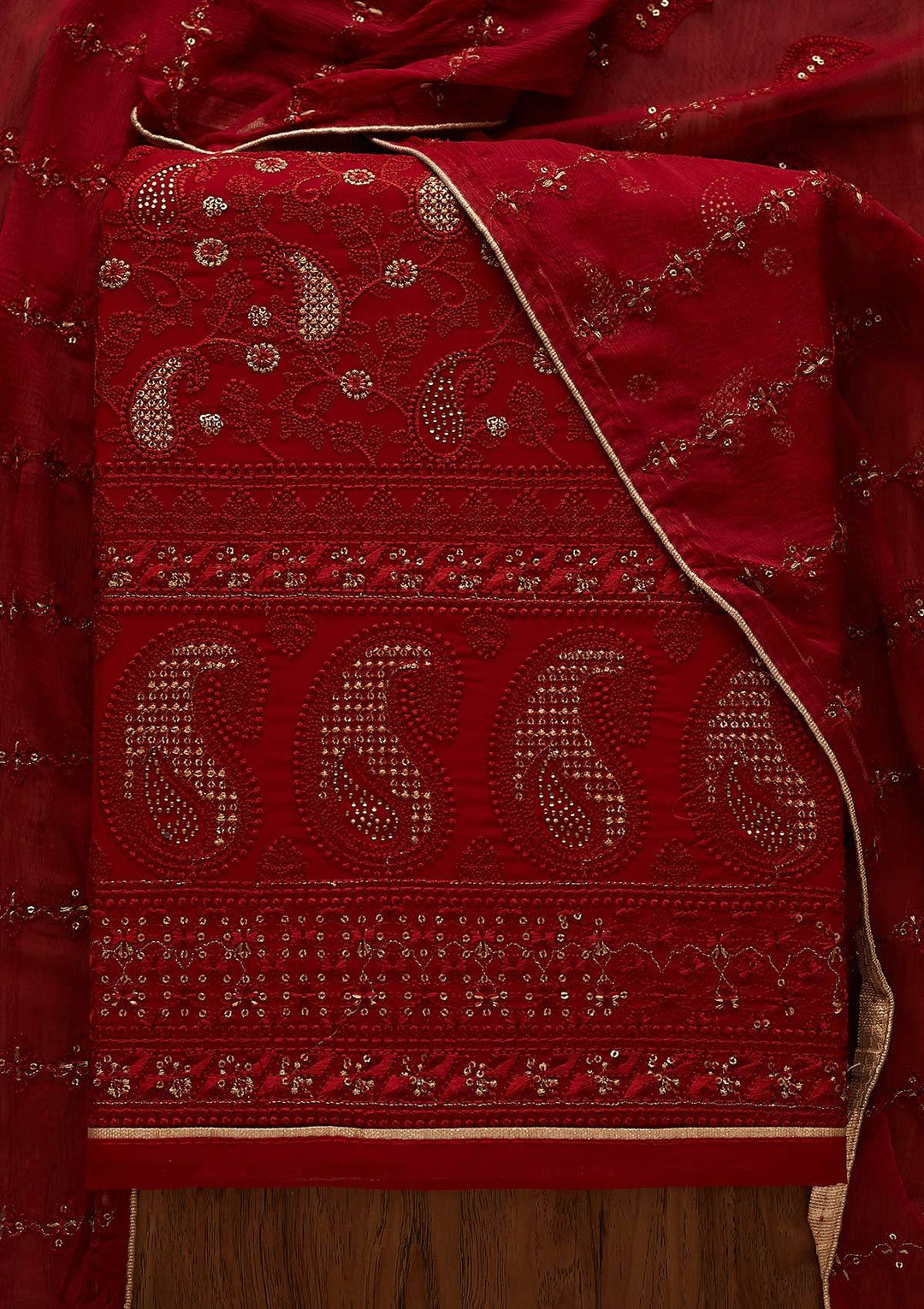 Maroon Threadwork Georgette Designer Unstitched Salwar Suit - Koskii