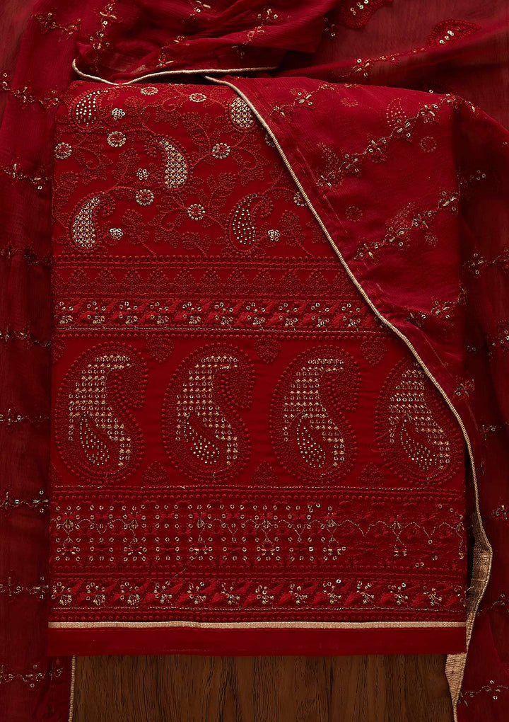 Maroon Threadwork Georgette Designer Unstitched Salwar Suit - Koskii
