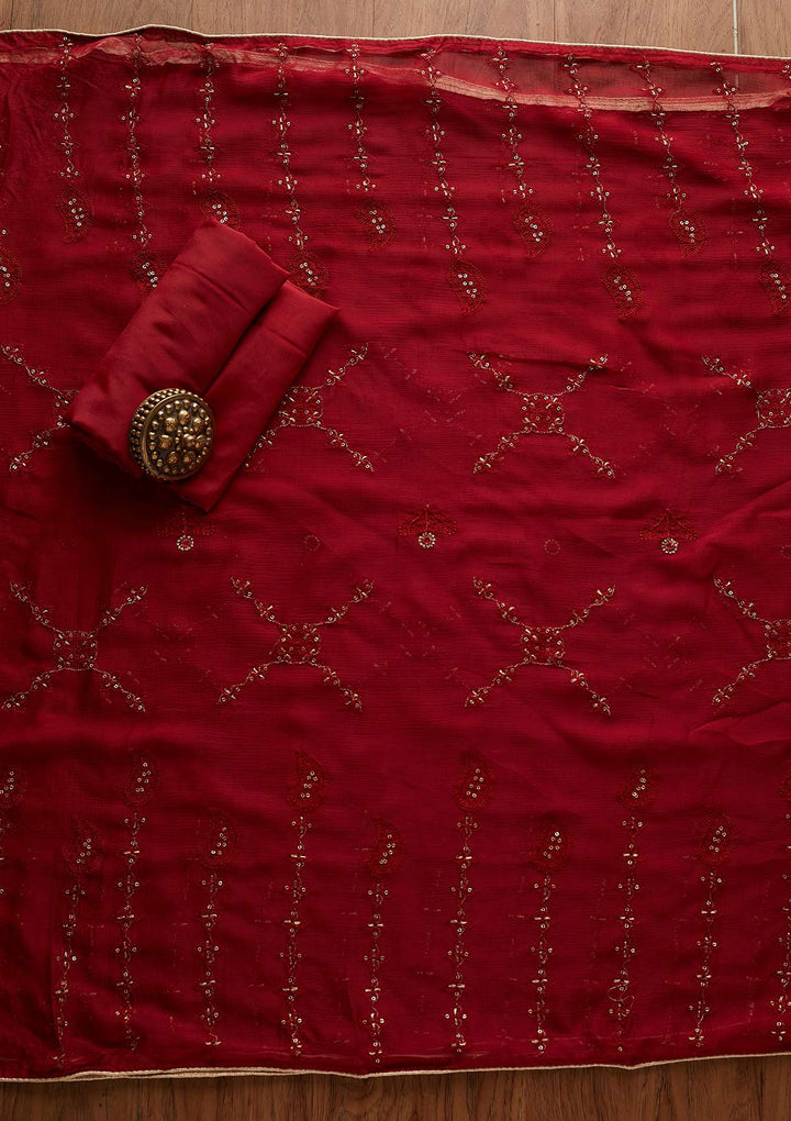Maroon Threadwork Georgette Designer Unstitched Salwar Suit - Koskii