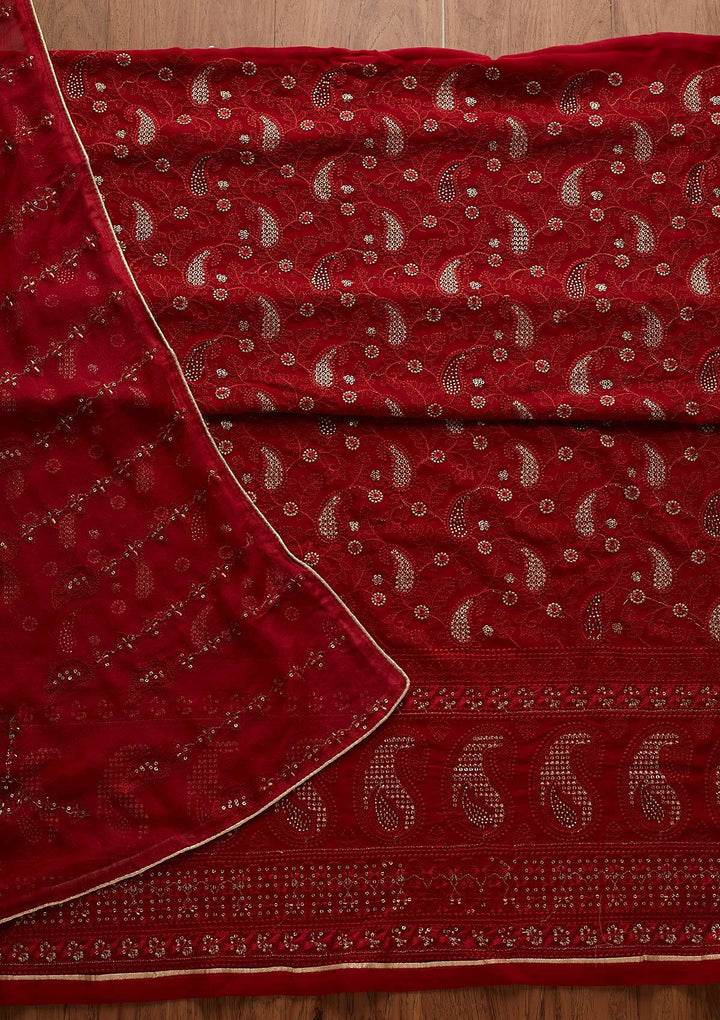 Maroon Threadwork Georgette Designer Unstitched Salwar Suit - Koskii