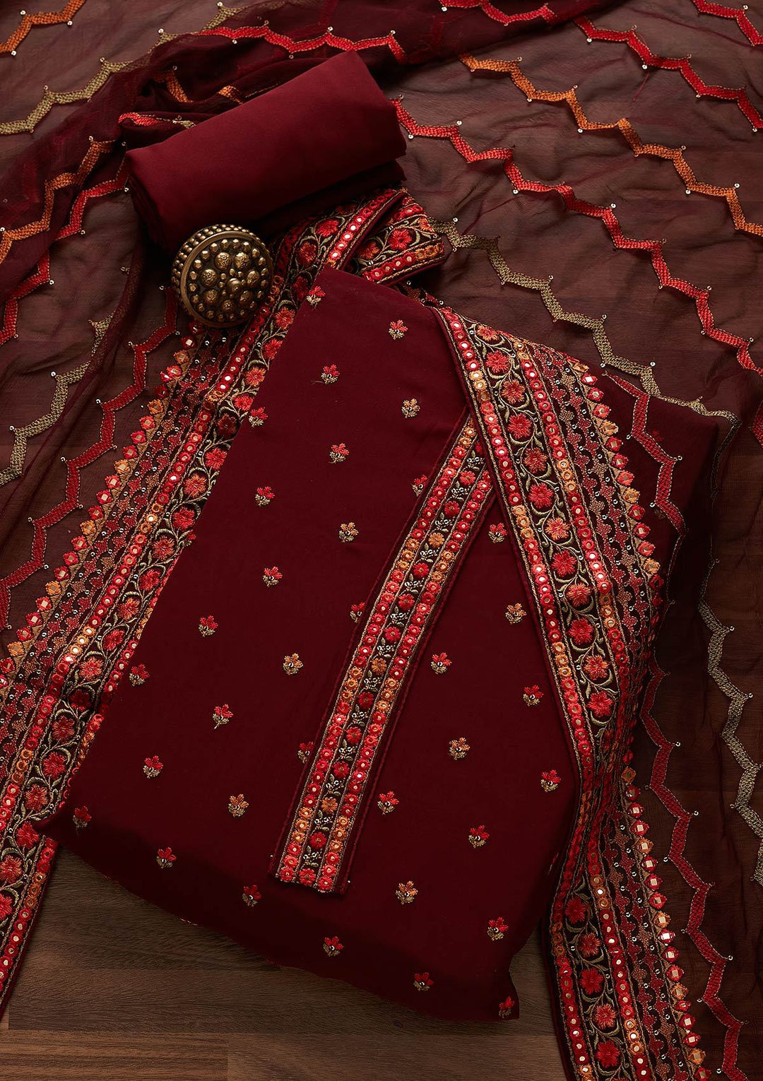 Maroon Threadwork Georgette Designer Unstitched Salwar Suit - Koskii