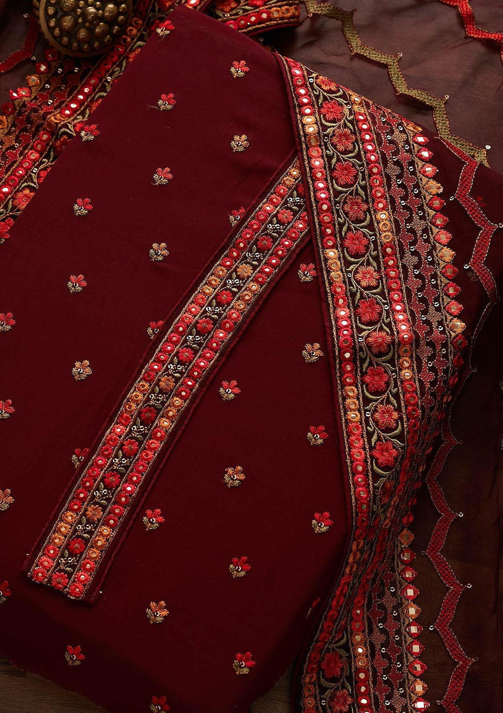 Maroon Threadwork Georgette Designer Unstitched Salwar Suit - Koskii