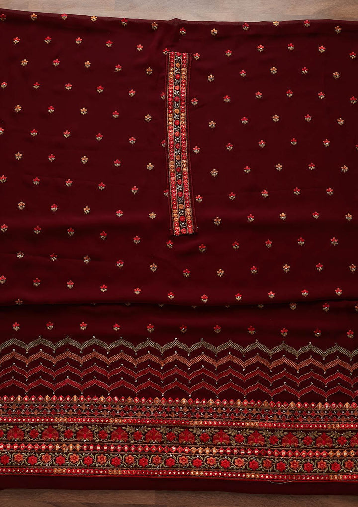 Maroon Threadwork Georgette Designer Unstitched Salwar Suit - Koskii