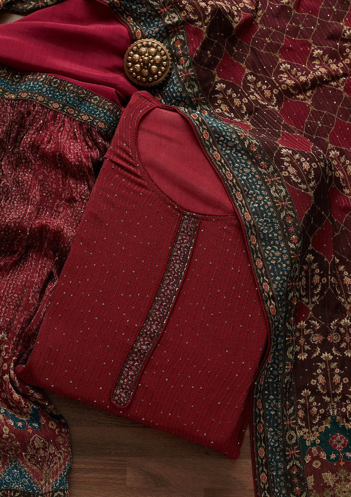 Maroon Threadwork Georgette Designer Semi-Stitched Salwar Suit - Koskii