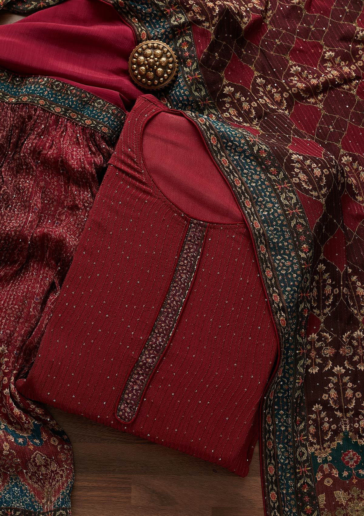 Maroon Threadwork Georgette Designer Semi-Stitched Salwar Suit - Koskii