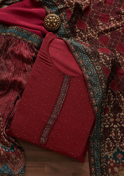 Maroon Threadwork Georgette Designer Semi-Stitched Salwar Suit - Koskii