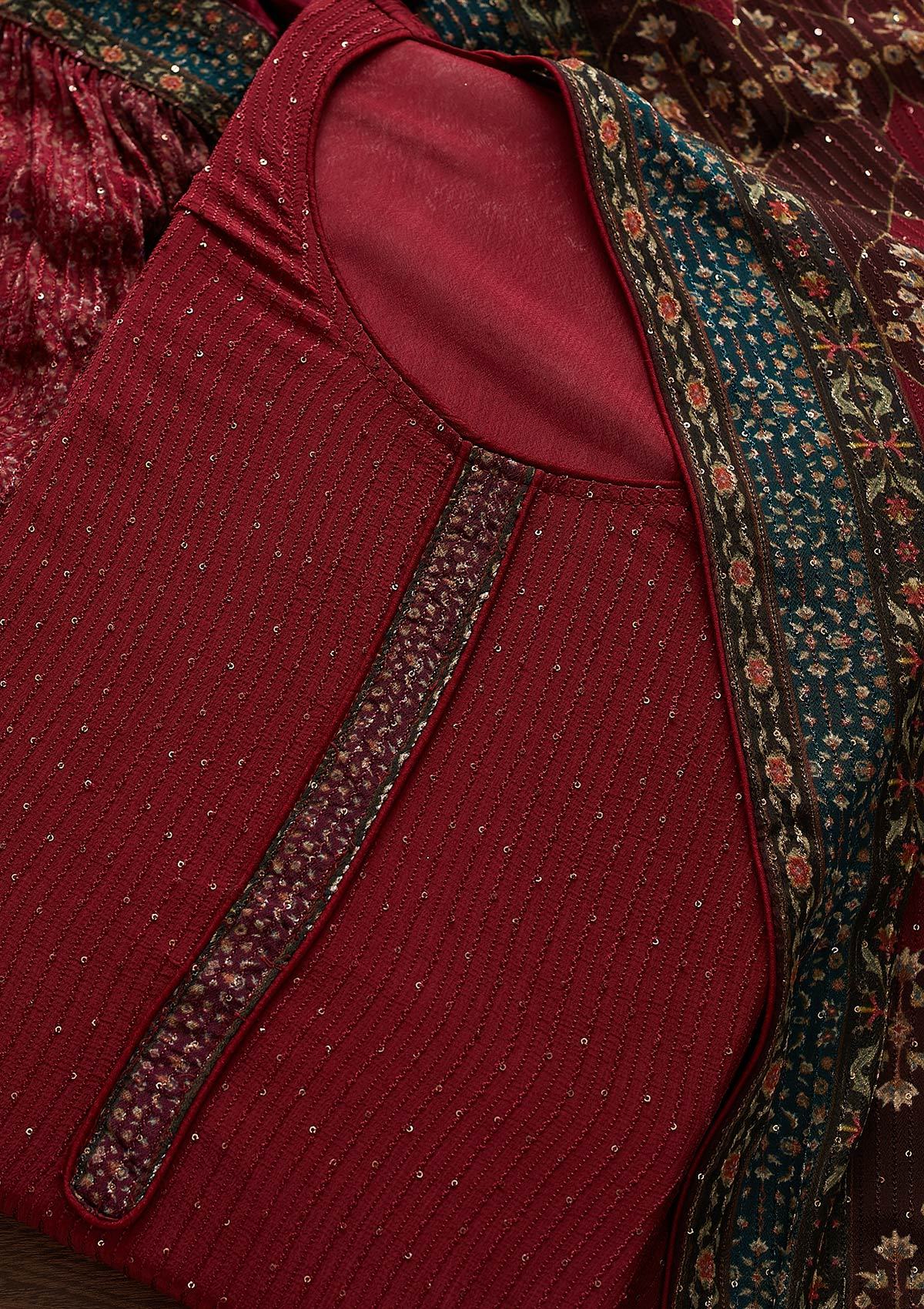 Maroon Threadwork Georgette Designer Semi-Stitched Salwar Suit - Koskii