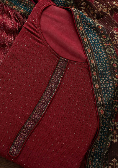 Maroon Threadwork Georgette Designer Semi-Stitched Salwar Suit - Koskii
