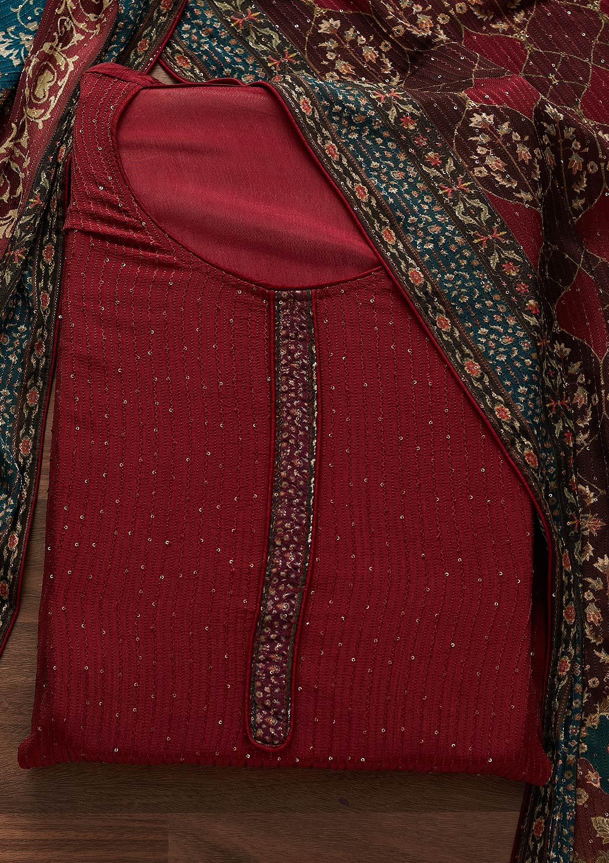 Maroon Threadwork Georgette Designer Semi-Stitched Salwar Suit - Koskii