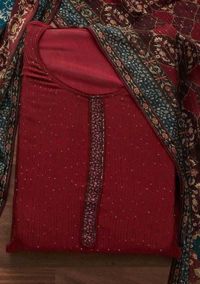 Maroon Threadwork Georgette Designer Semi-Stitched Salwar Suit - Koskii