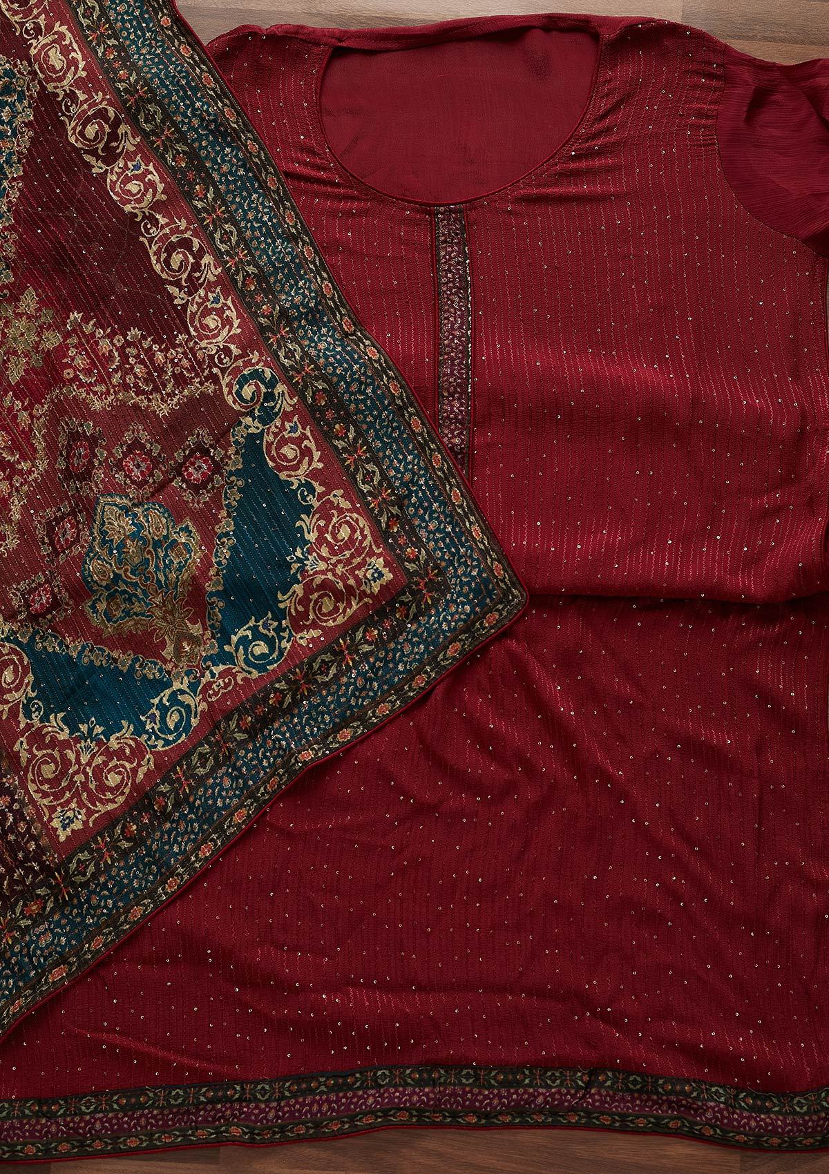 Maroon Threadwork Georgette Designer Semi-Stitched Salwar Suit - Koskii