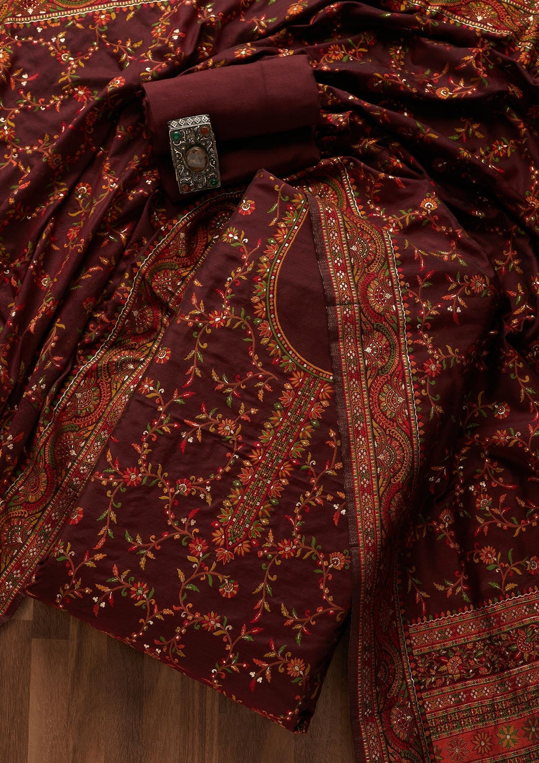 Maroon Threadwork Georgette Designer Unstitched Salwar Suit - Koskii