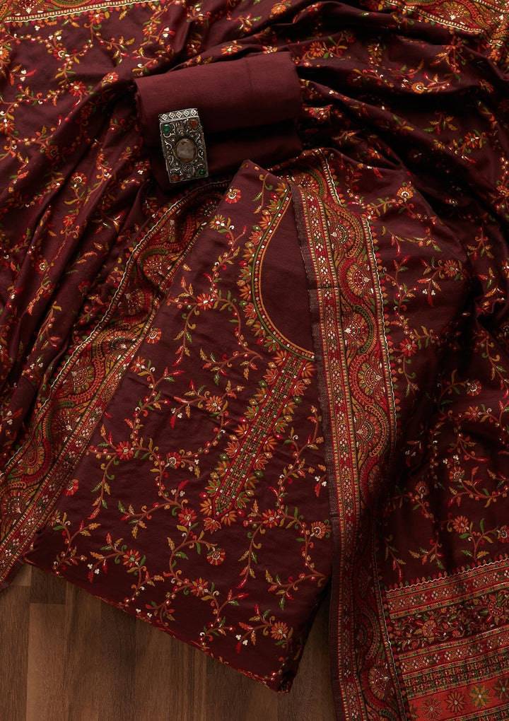 Maroon Threadwork Georgette Designer Unstitched Salwar Suit - Koskii