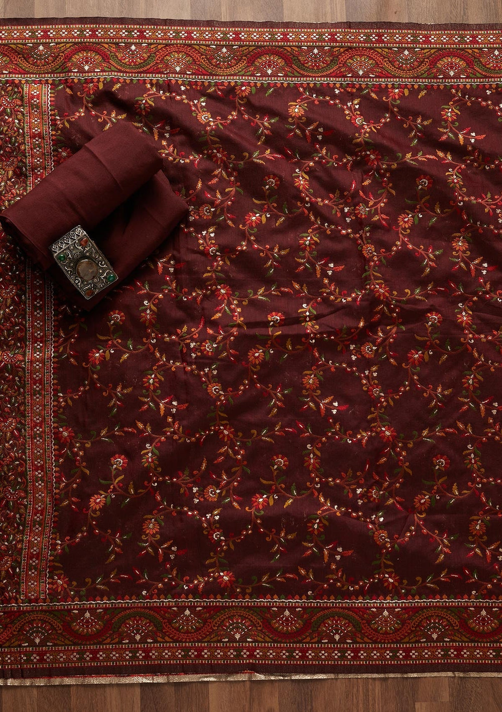 Maroon Threadwork Georgette Designer Unstitched Salwar Suit - Koskii