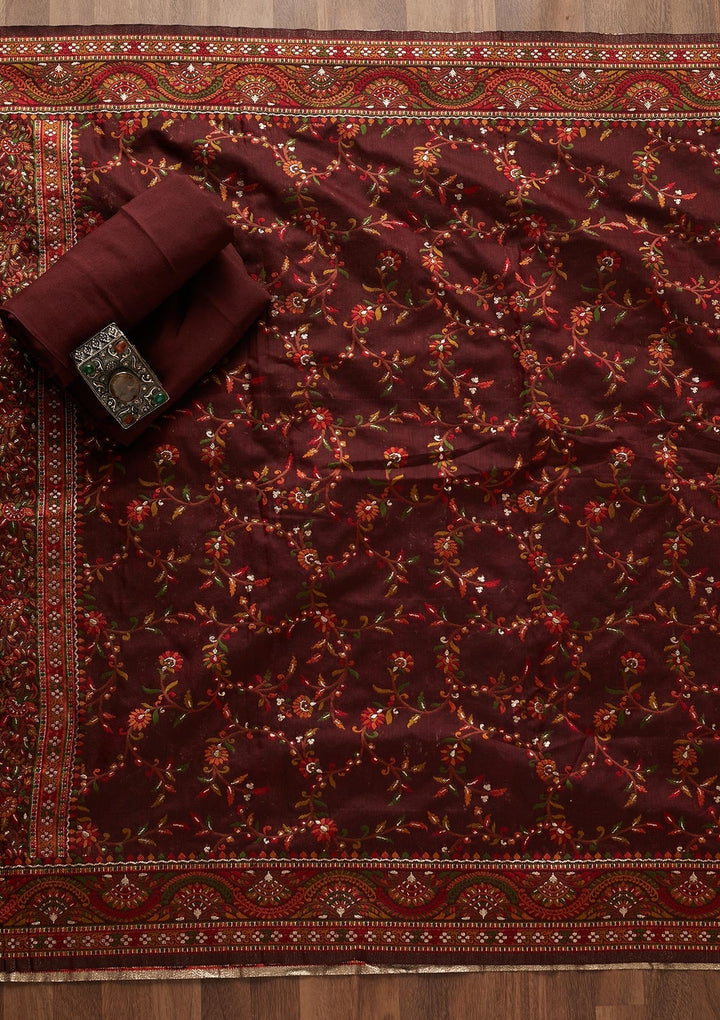 Maroon Threadwork Georgette Designer Unstitched Salwar Suit - Koskii