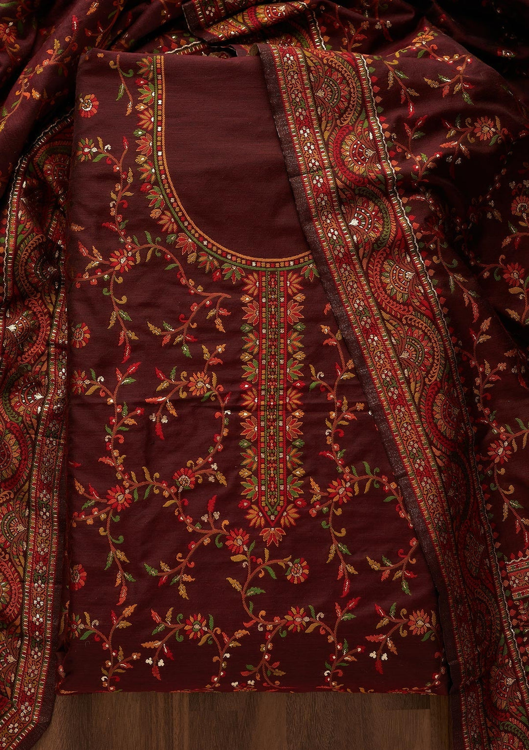 Maroon Threadwork Georgette Designer Unstitched Salwar Suit - Koskii