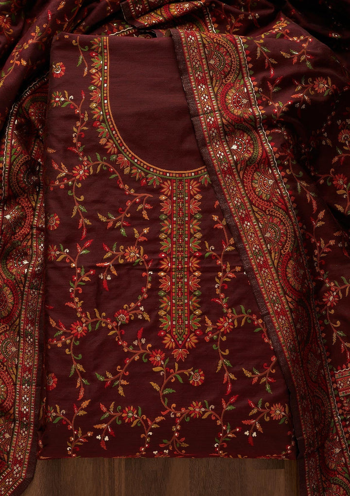 Maroon Threadwork Georgette Designer Unstitched Salwar Suit - Koskii