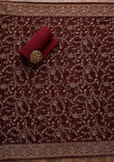 Maroon Threadwork Georgette Unstitched Salwar Suit - Koskii