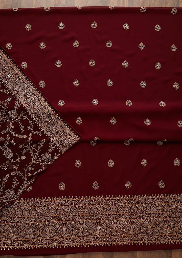 Maroon Threadwork Georgette Unstitched Salwar Suit - Koskii