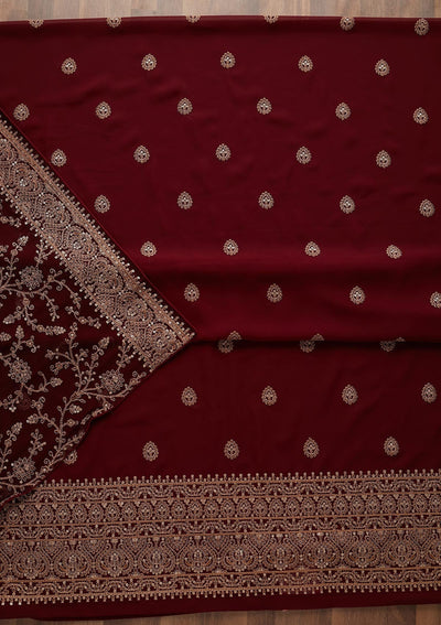 Maroon Threadwork Georgette Unstitched Salwar Suit - Koskii
