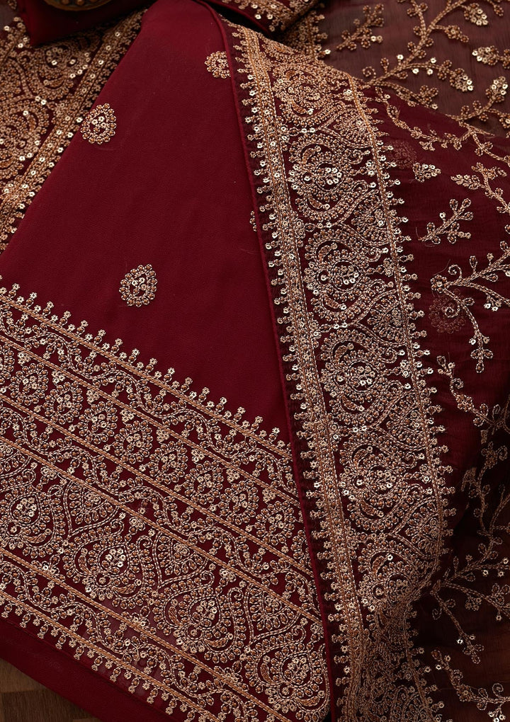 Maroon Threadwork Georgette Unstitched Salwar Suit - Koskii