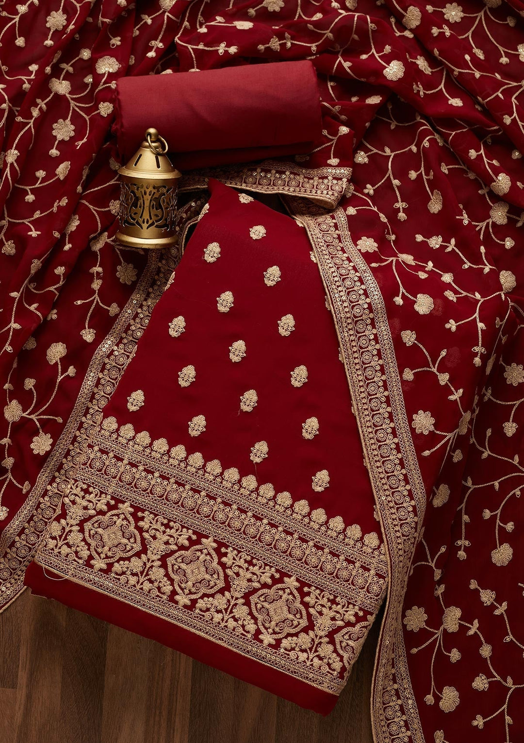 Maroon Threadwork Georgette  Unstitched Salwar Suit- Koskii