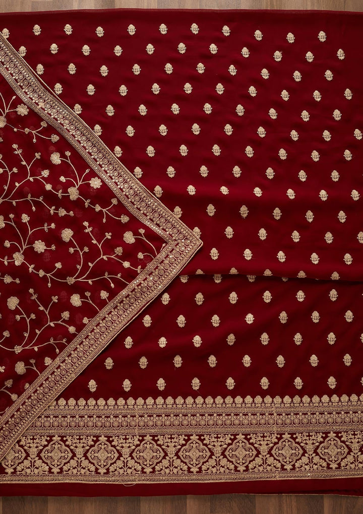 Maroon Threadwork Georgette  Unstitched Salwar Suit - Koskii