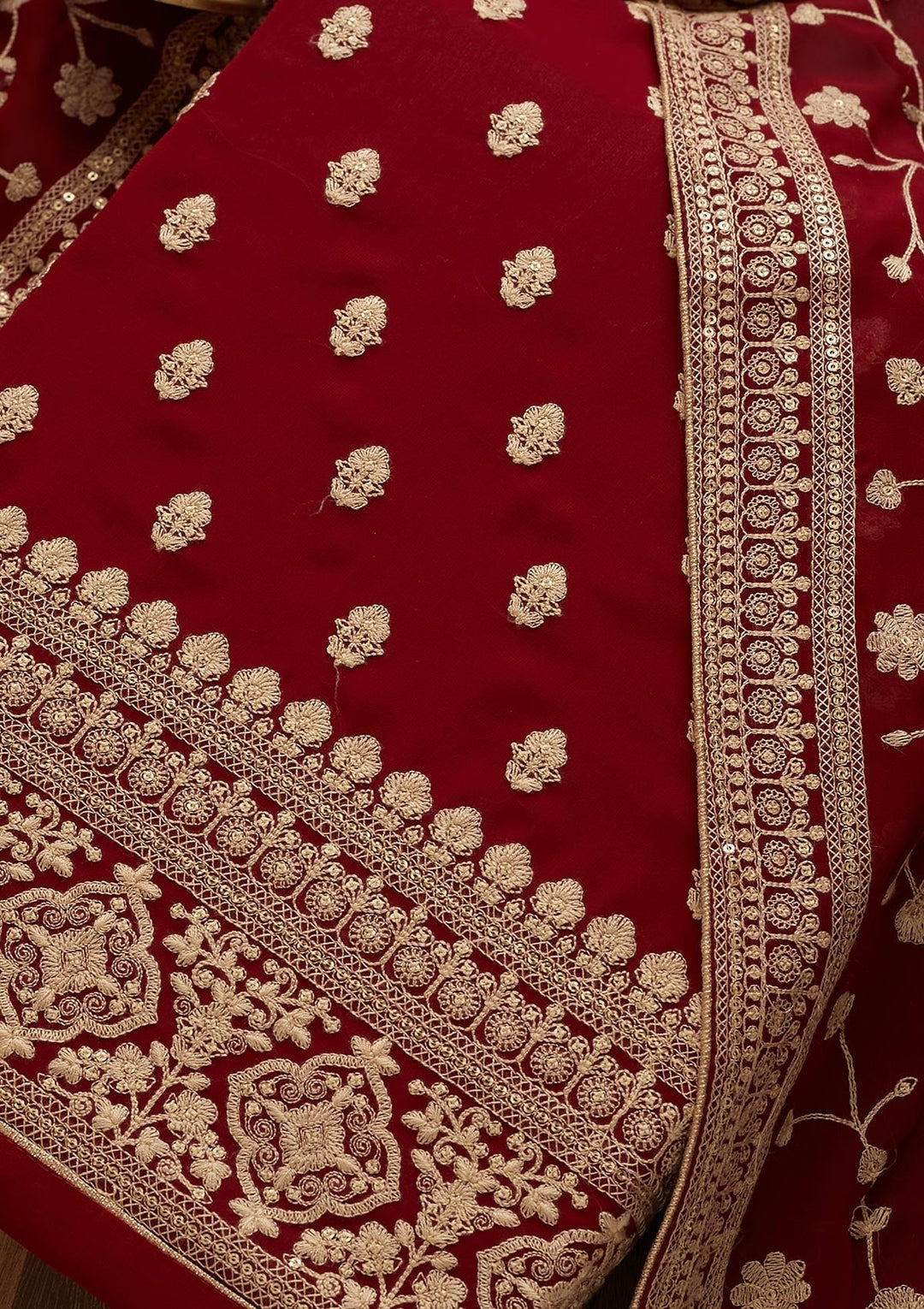 Maroon Threadwork Georgette  Unstitched Salwar Suit - Koskii