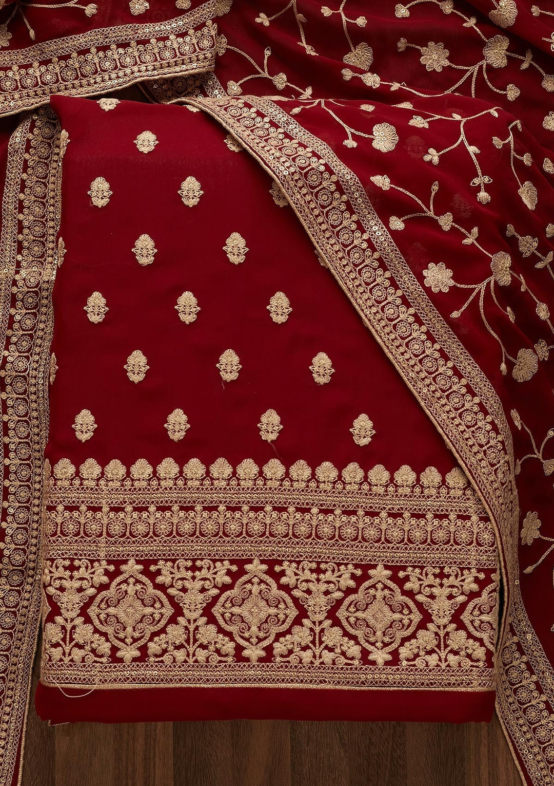 Maroon Threadwork Georgette  Unstitched Salwar Suit - Koskii